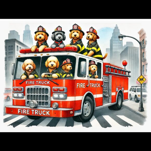 Fireman Golden Doodle Dog Fire Truck Art Print Limited Edition Signed & Numbered - Picture 1 of 9